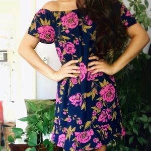 Express Off The Shoulder Navy Fuschia Floral Dress Split Flutter Sleeve Ruffle